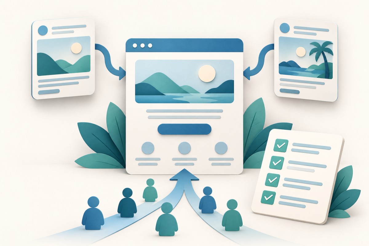 A website splash page connected to complementary advertising cards and an organized campaign checklist.